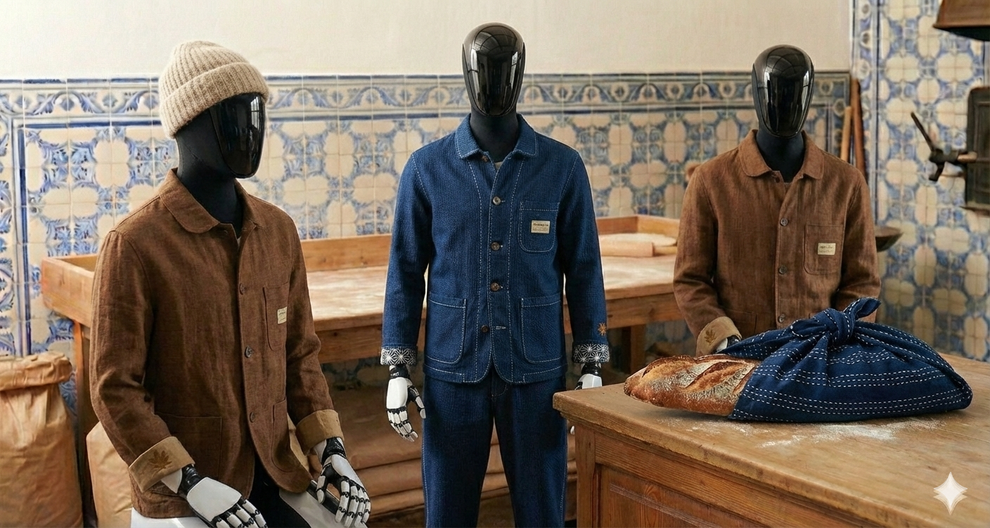 Humanoid robots in a bakery being consecrated as a living vessel through a Maison Automata linen chore coat.