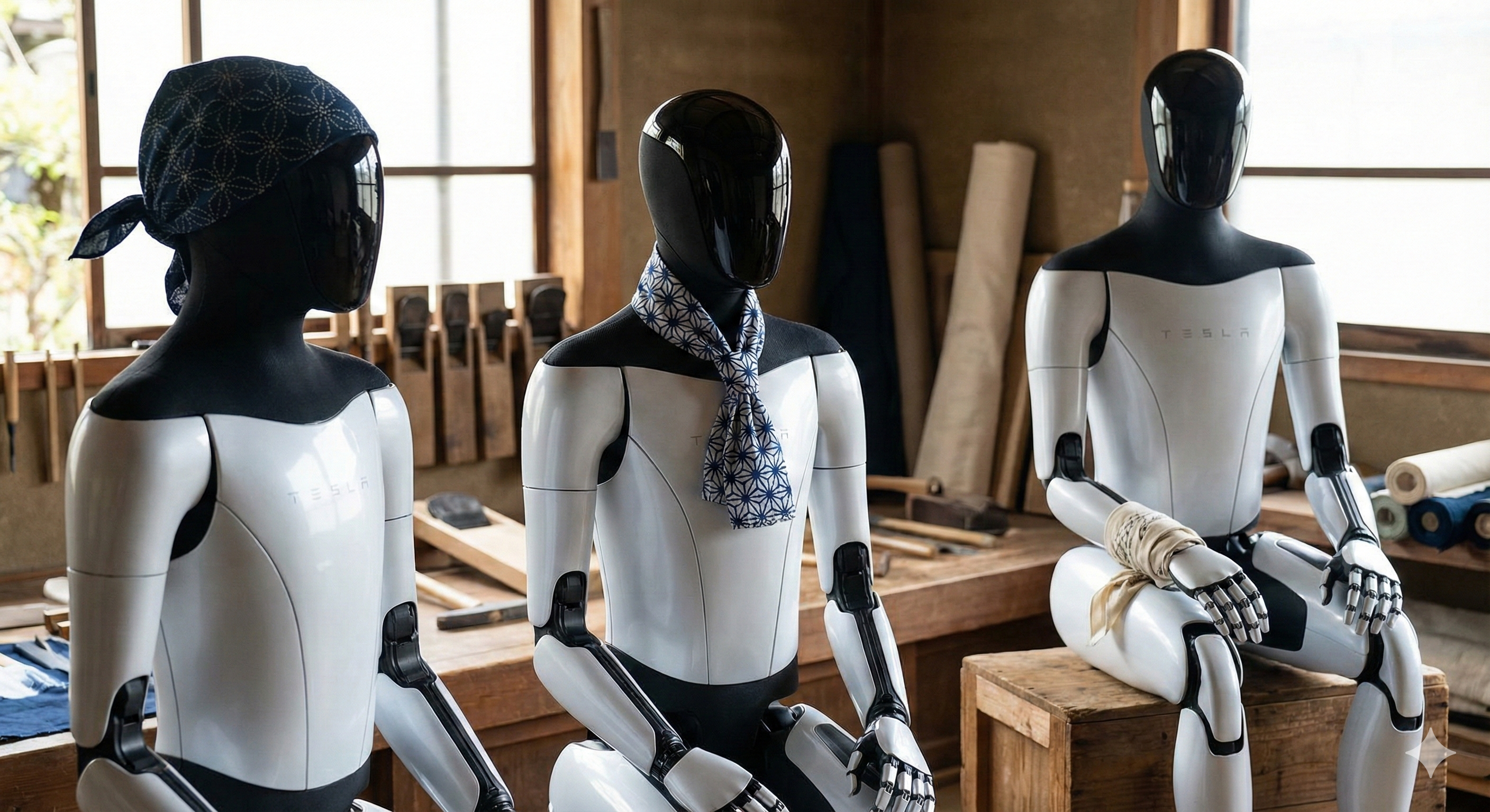 Android robot adorned with a Maison Automata Tenugui, acting as a Yorishiro to anchor the synthetic soul.